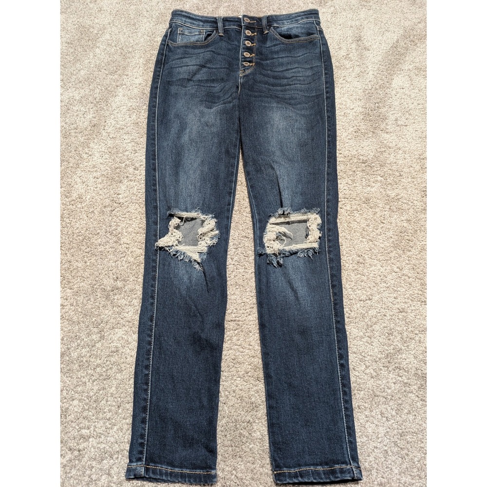 Kancan Signature Womens Jeans Size 28 Dark Wash High Rise Button Fly Ripped